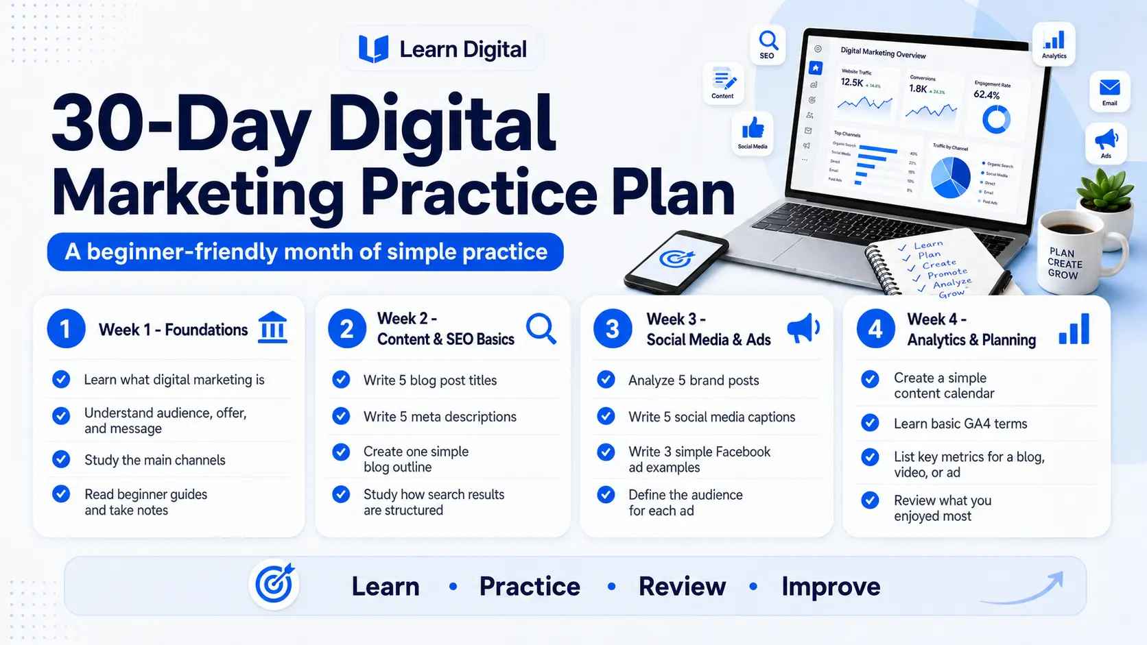 30 day digital marketing practice plan for beginners infographic