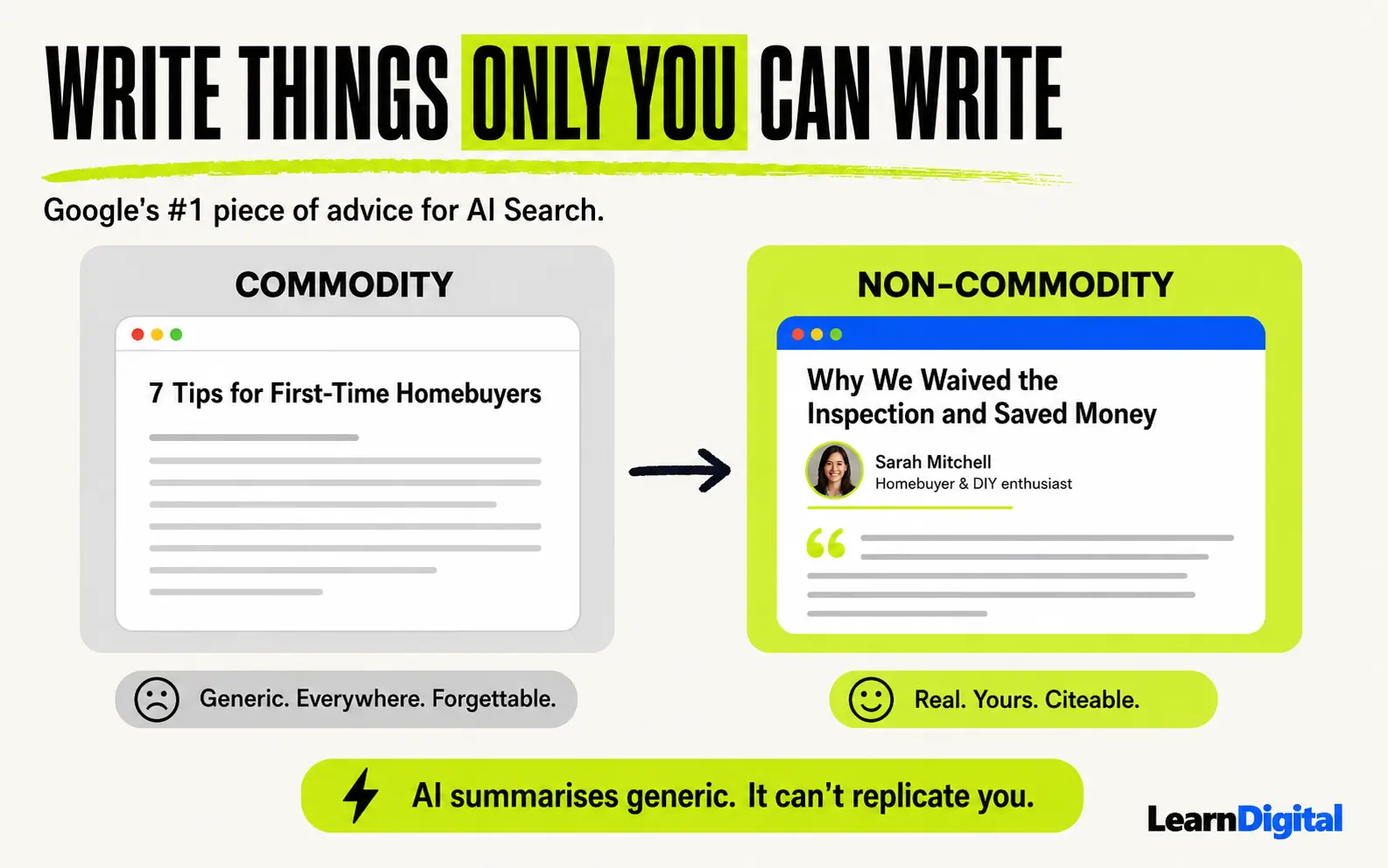 Then versus now comparison showing how traditional SEO fundamentals connect to Google's AI Search guidance