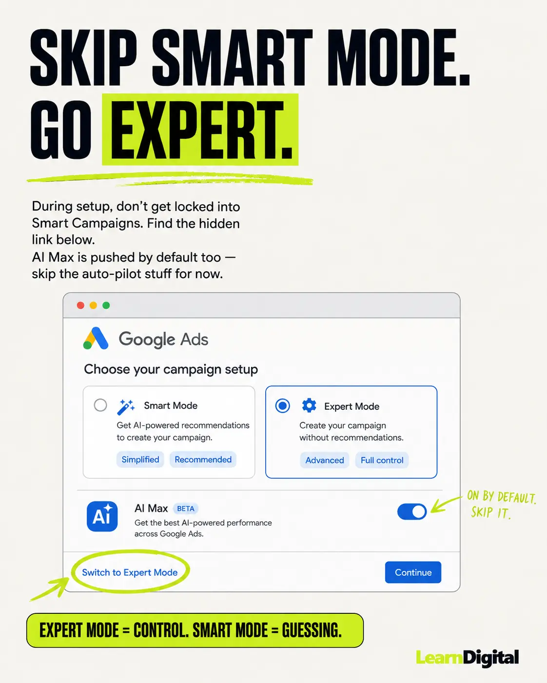 Google Ads Switch to Expert Mode account creation infographic